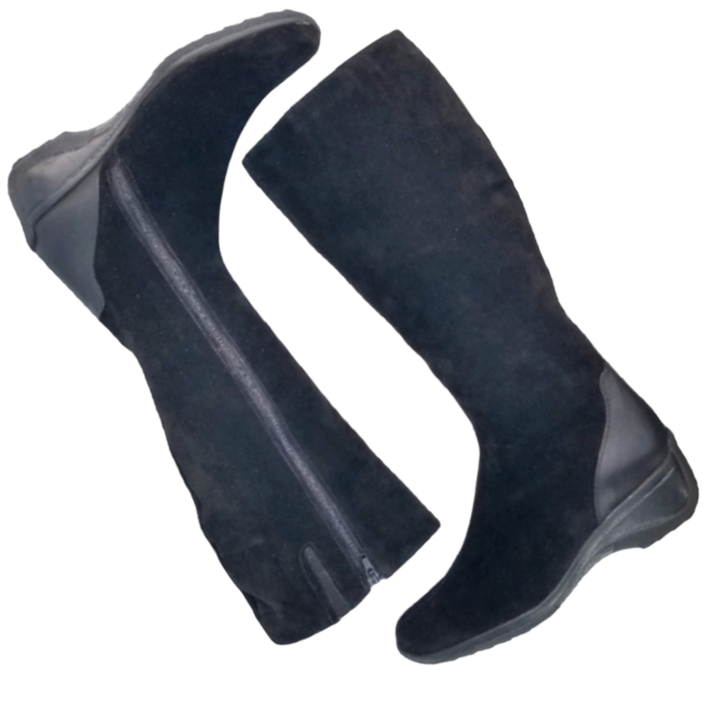 Aquatalia Women's 8 9 9.5 Minnow Black Suede Wedge Heel Knee High Boots